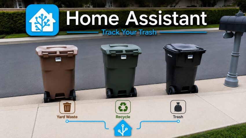 Home Assistant: Track Your Trash appears above three curbside trash bins.